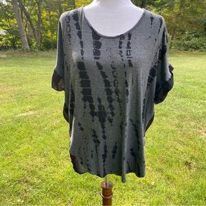 DOLCE BIANCA TOP TUNIC BLACK GRAY SHORT SLEEVE SHEER BACK HI LOW HEM SIZE XL USA